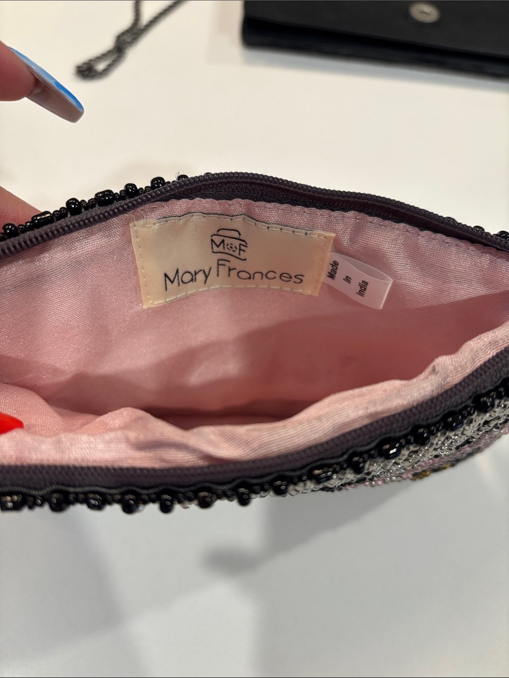 Mary Frances Beaded Sugar Skull Crossbody Clutch Black with Pink Floral Accents - Picture 6 of 9